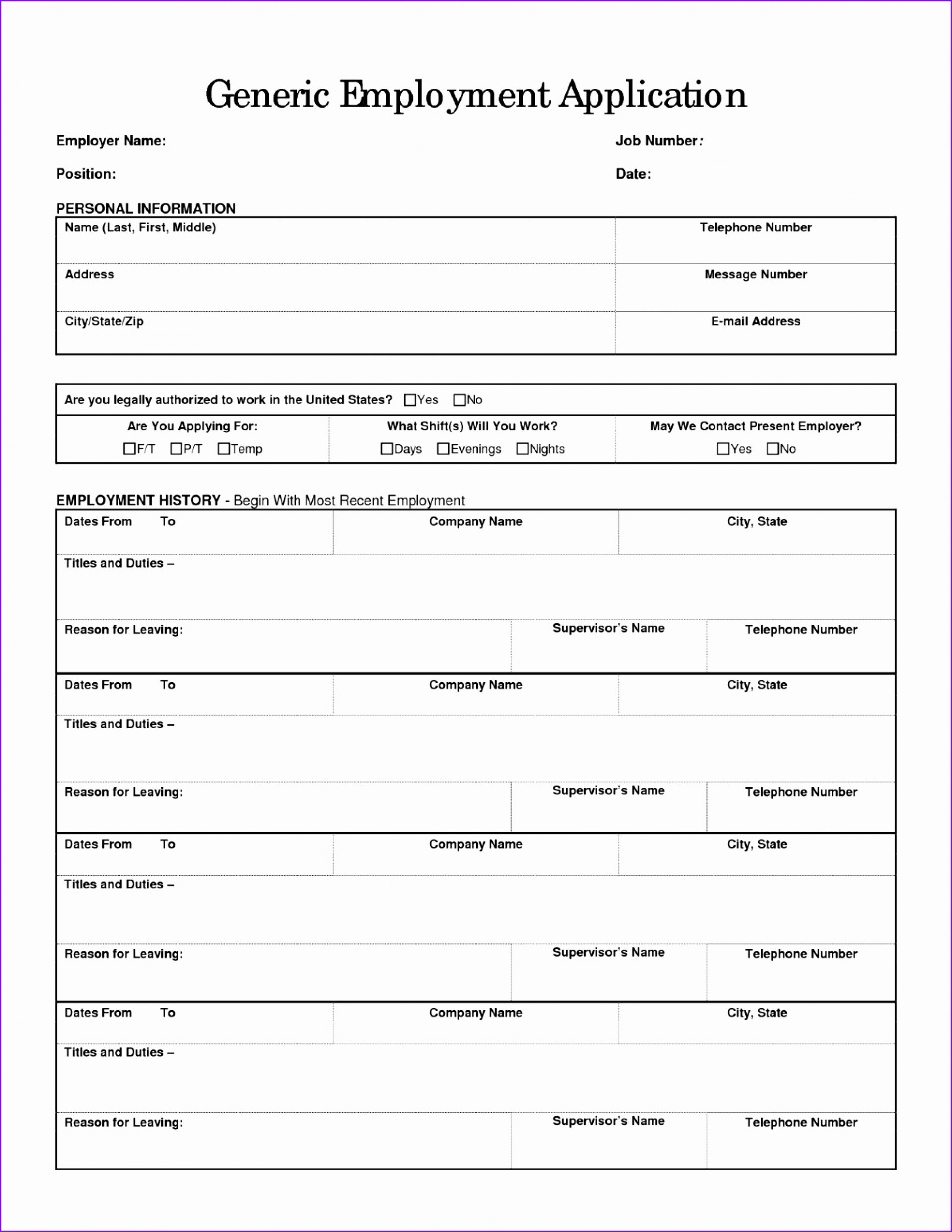 012 Free Printable Employment Application Template Generic Job Form - Free Printable Employment Application