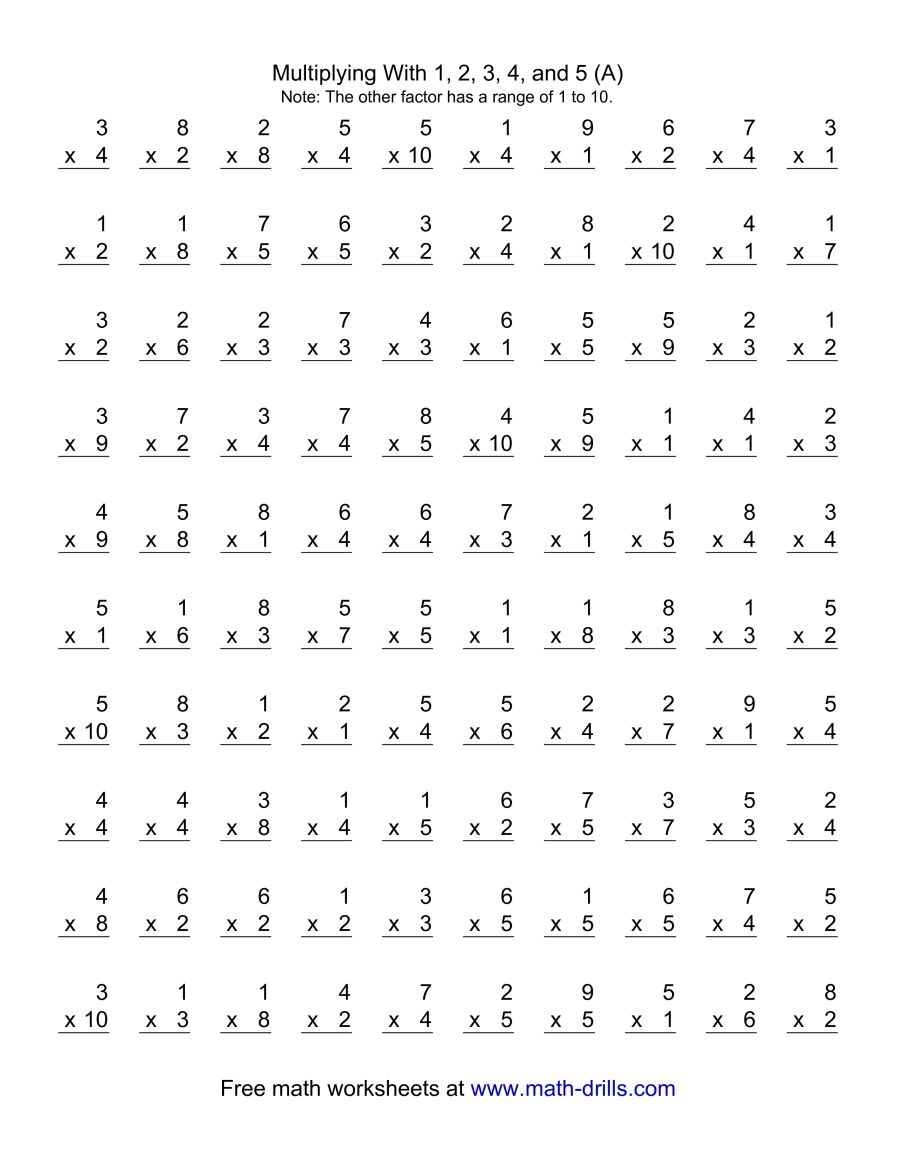 100 Vertical Questions -- Multiplication Facts -- 1-51-10 (A) - Free Printable Multiplication Timed Tests