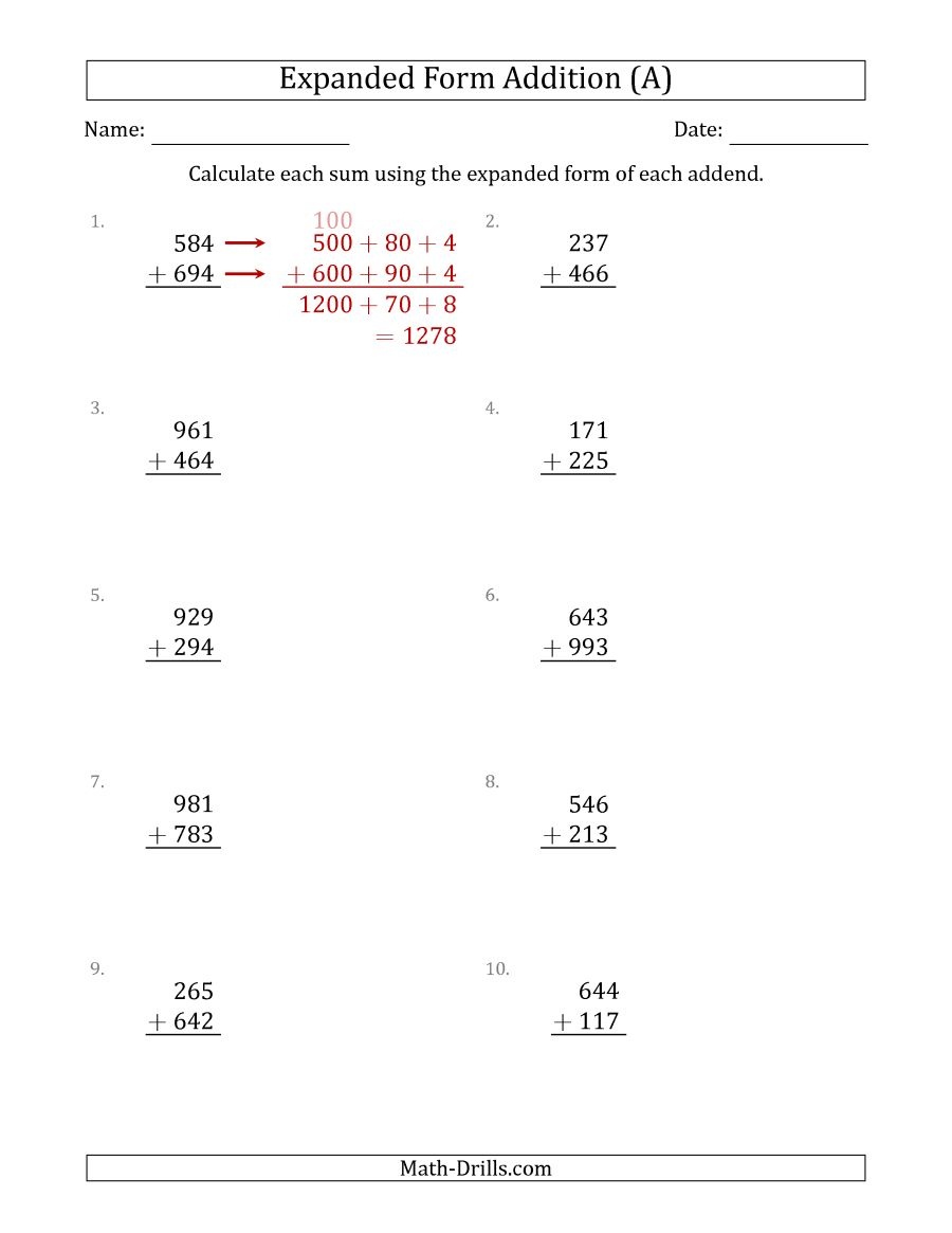 3-Digit Expanded Form Addition (A) - Free Printable Expanded Notation Worksheets