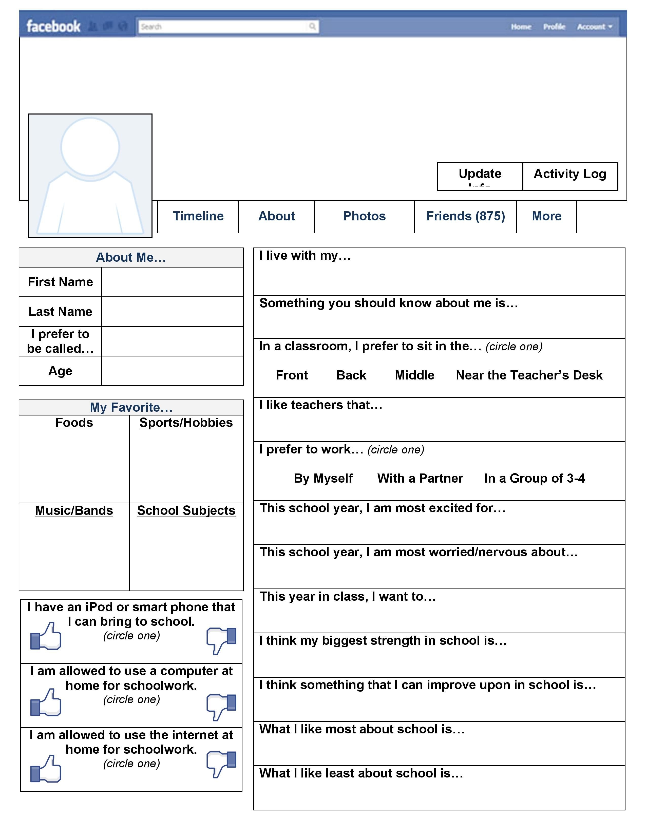 A Free Printable &amp;quot;facebook&amp;quot; Page To Use On The First Day Of School - Free Learning Style Inventory For Students Printable