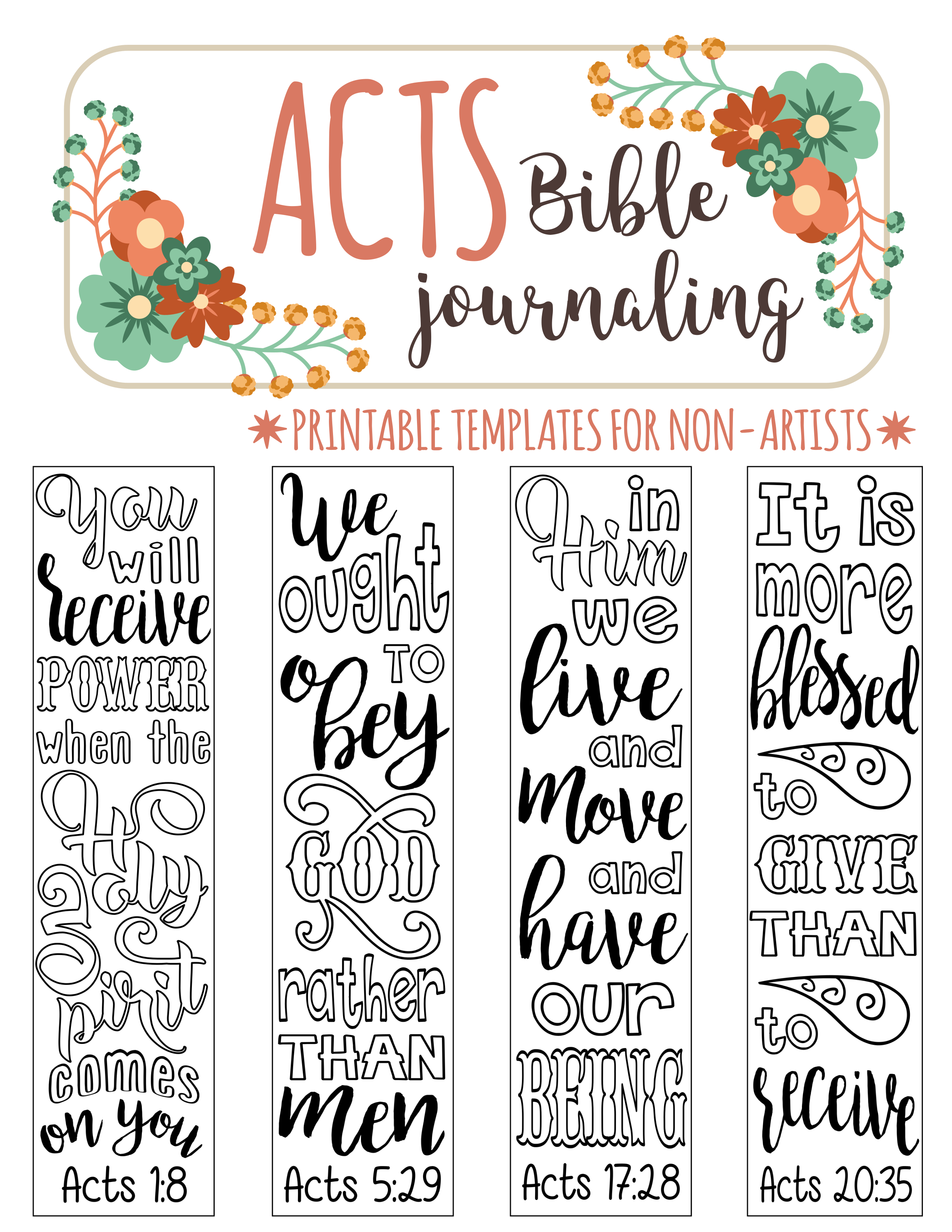 Acts - 4 Bible Journaling Printable Templates, Illustrated Christian - Free Printable Bible Bookmarks Templates