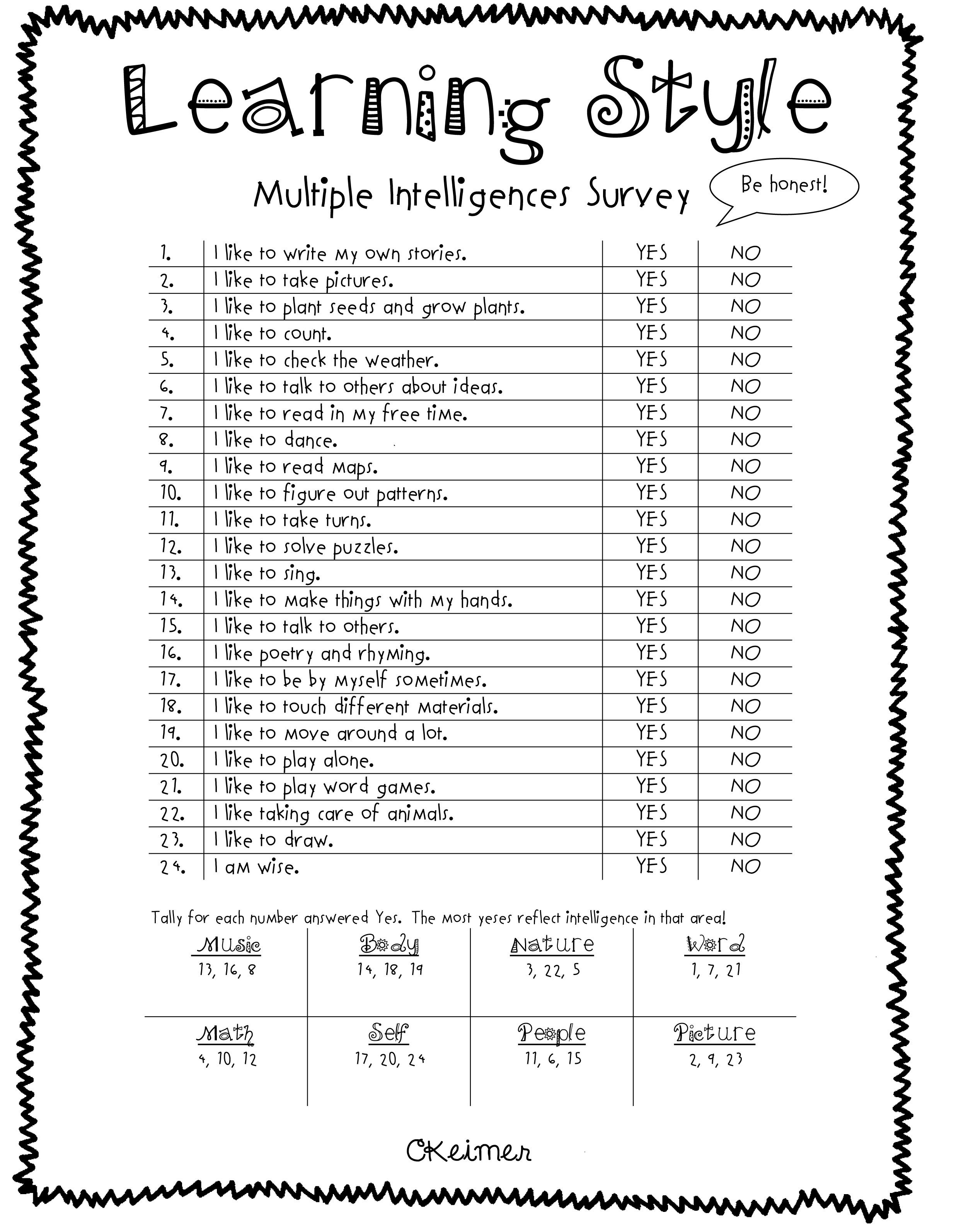 All About Me Activities: A Multiple Intelligences Assessment - Free Learning Style Inventory For Students Printable