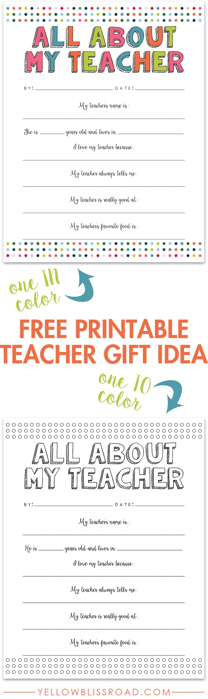 All About My Teacher Free Printable - Yellow Bliss Road - All About My Teacher Free Printable