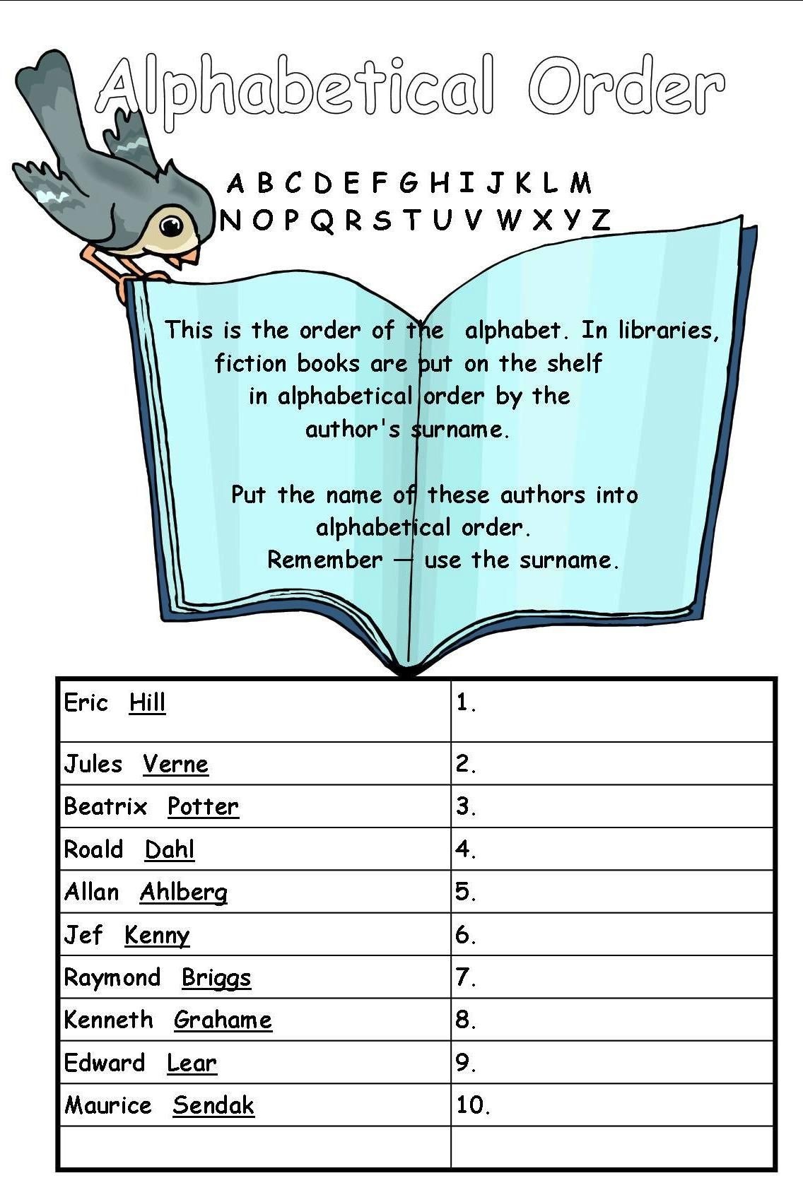 Alphabetical Order Worksheet For Year 3 And 4. | Library Skills - Free Printable Library Skills Worksheets
