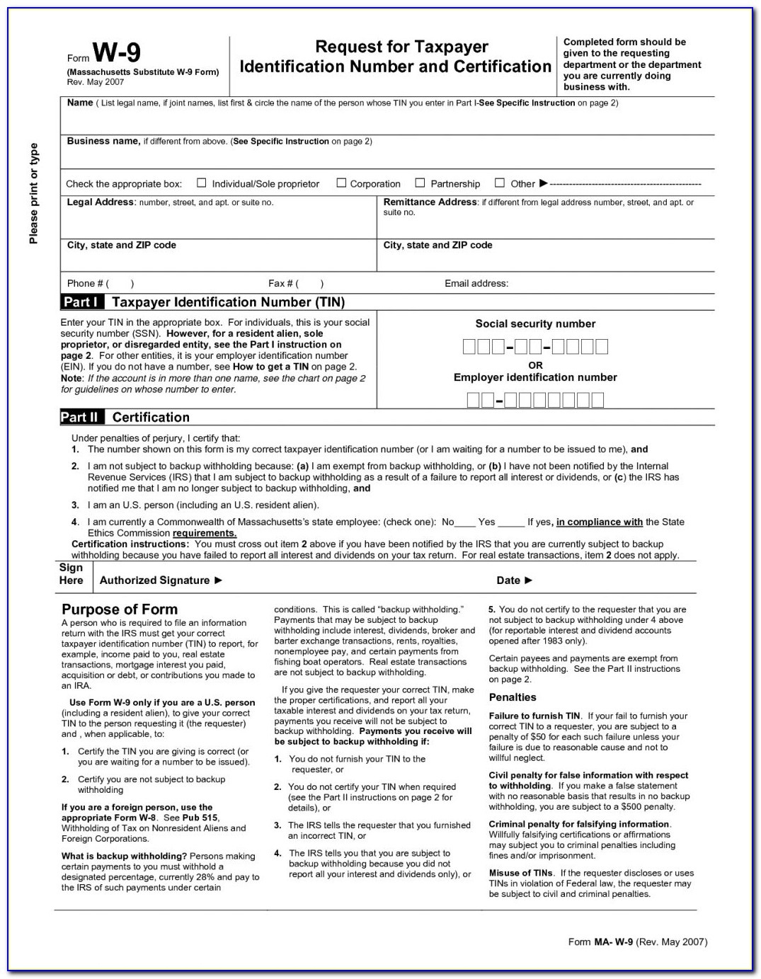 W 9 Request For Taxpayer Identification Number And Certification Pdf