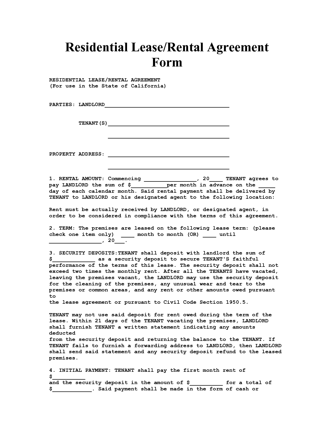 Free Printable California Residential Lease Agreement Free Printable