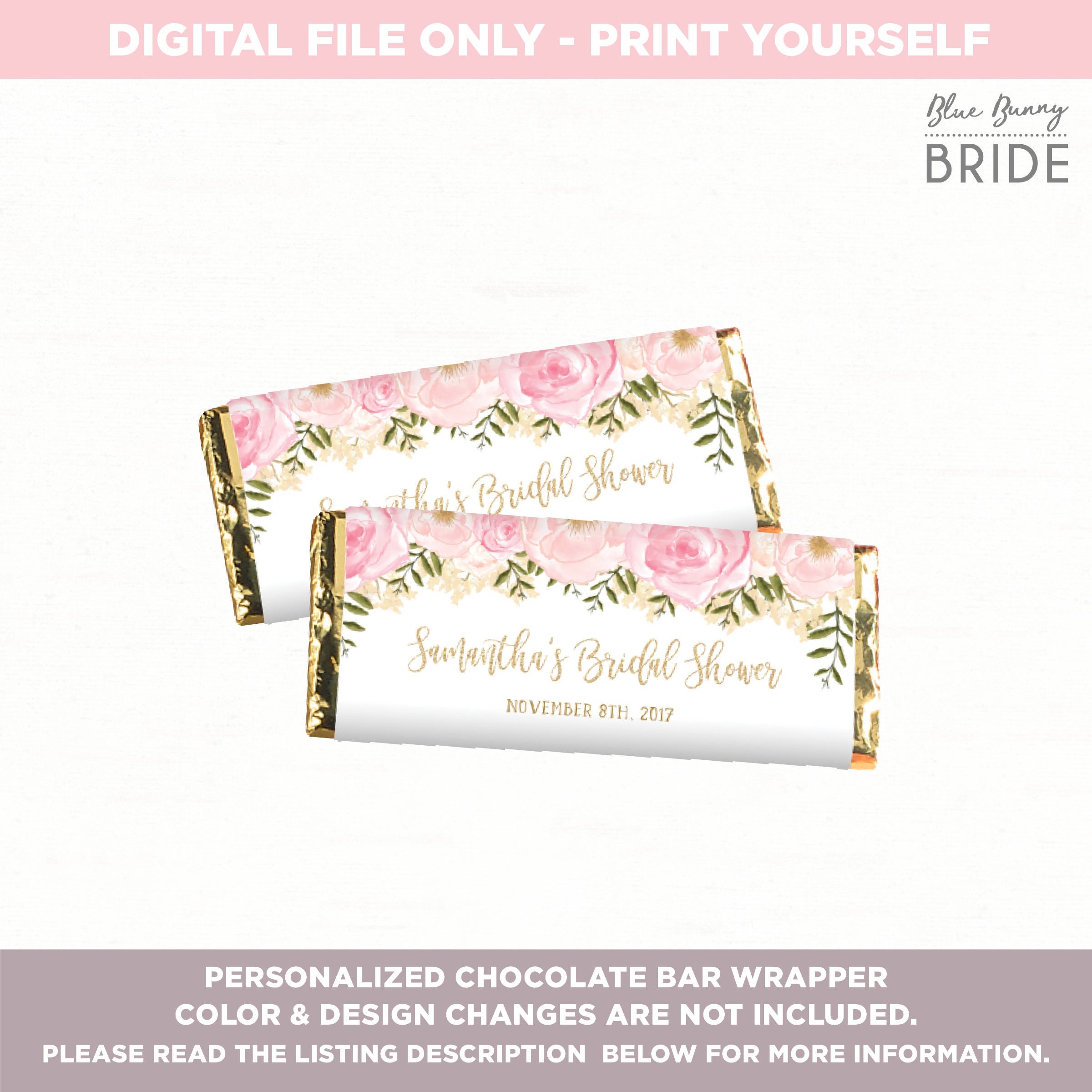 Chocolate Bar Wrapper. Candy Bar Wrapper. Pink And Gold Floral | Etsy - Free Printable Candy Bar Wrappers For Bridal Shower