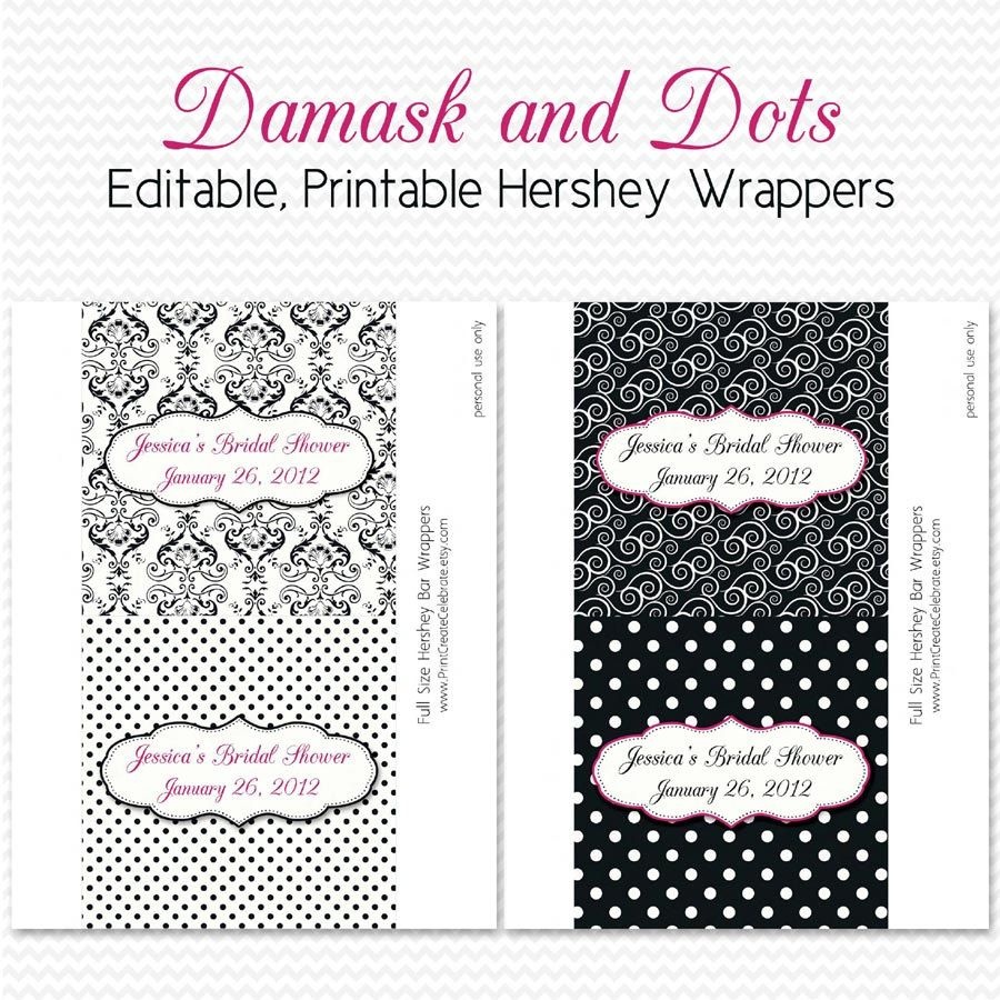 Damask Dot Candy Wrappers, Bridal Shower Favors, Black And White - Free Printable Candy Bar Wrappers For Bridal Shower
