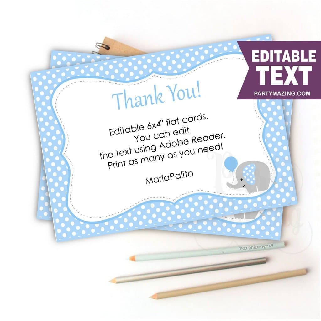 Editable Printable Blue Elephant Thank You Cards, Text, Baby Shower - Free Printable Baby Shower Thank You Cards