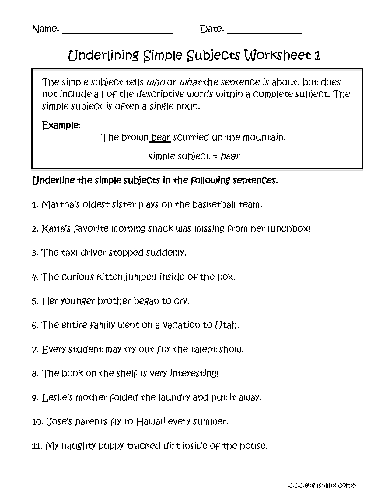 What Is A Subject In A Sentence Worksheet Elementary