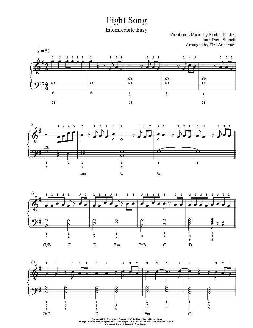 Fight Songrachel Platten Piano Sheet Music | Intermediate Level - Free Piano Sheet Music Online Printable Popular Songs