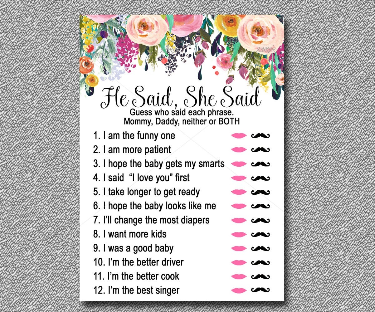 Floral Baby Shower Game He Said She Said Game Printable | Etsy - He Said She Said Game Free Printable