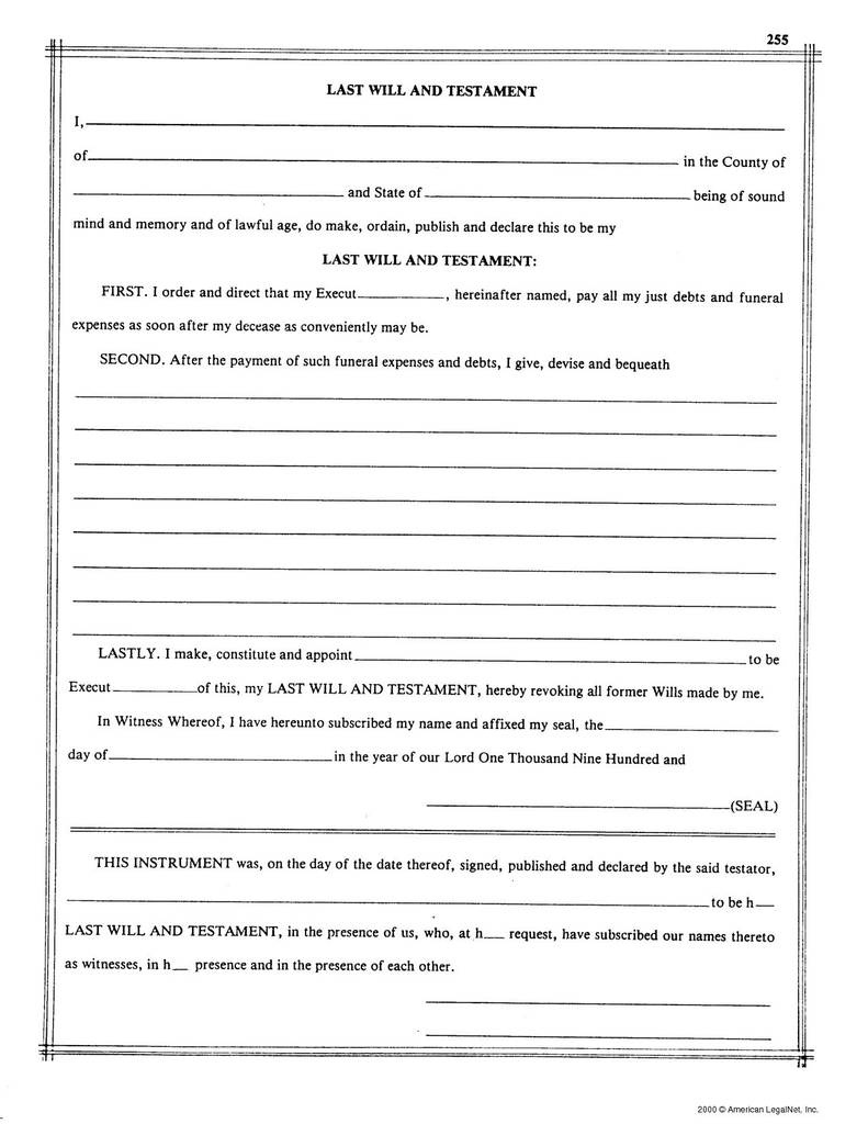 Free Printable Last Will And Testament Blank Forms Florida Free
