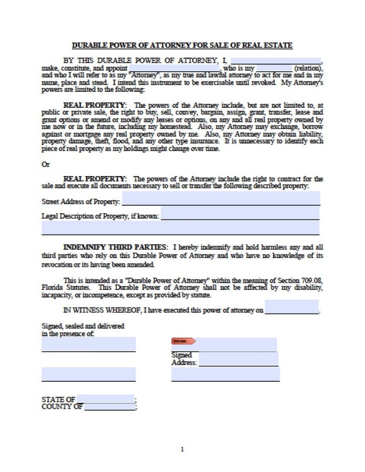 Free Printable Power Of Attorney Form Florida