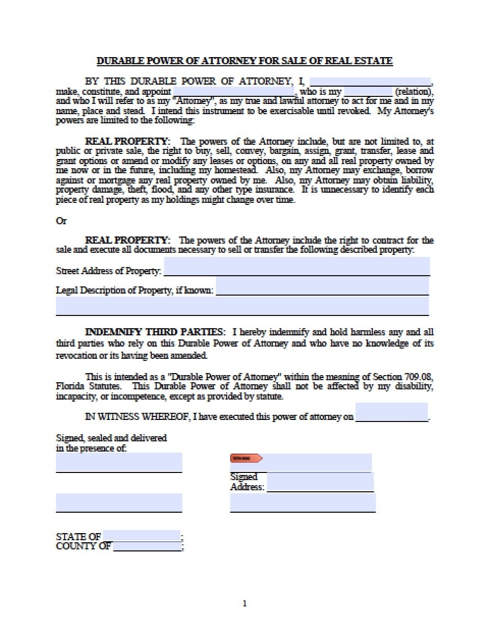 Florida Real Estate Only Power Of Attorney Form - Power Of Attorney - Free Printable Power Of Attorney Form Florida