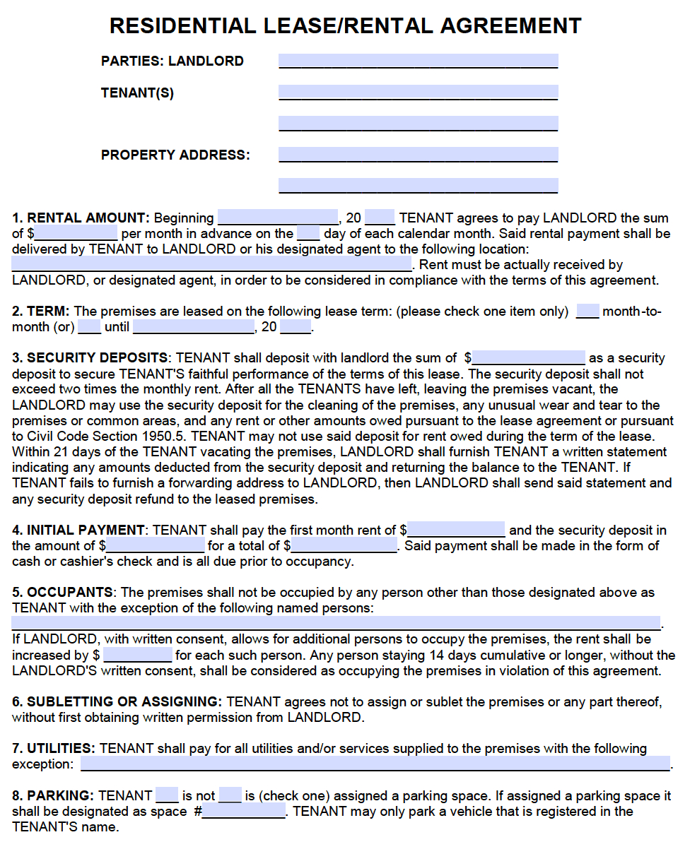 Free Lease Agreement Template California