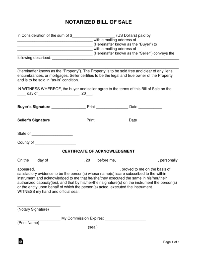 Free Notarized Bill Of Sale Form - Word | Pdf | Eforms – Free - Free Printable Mobile Home Bill Of Sale