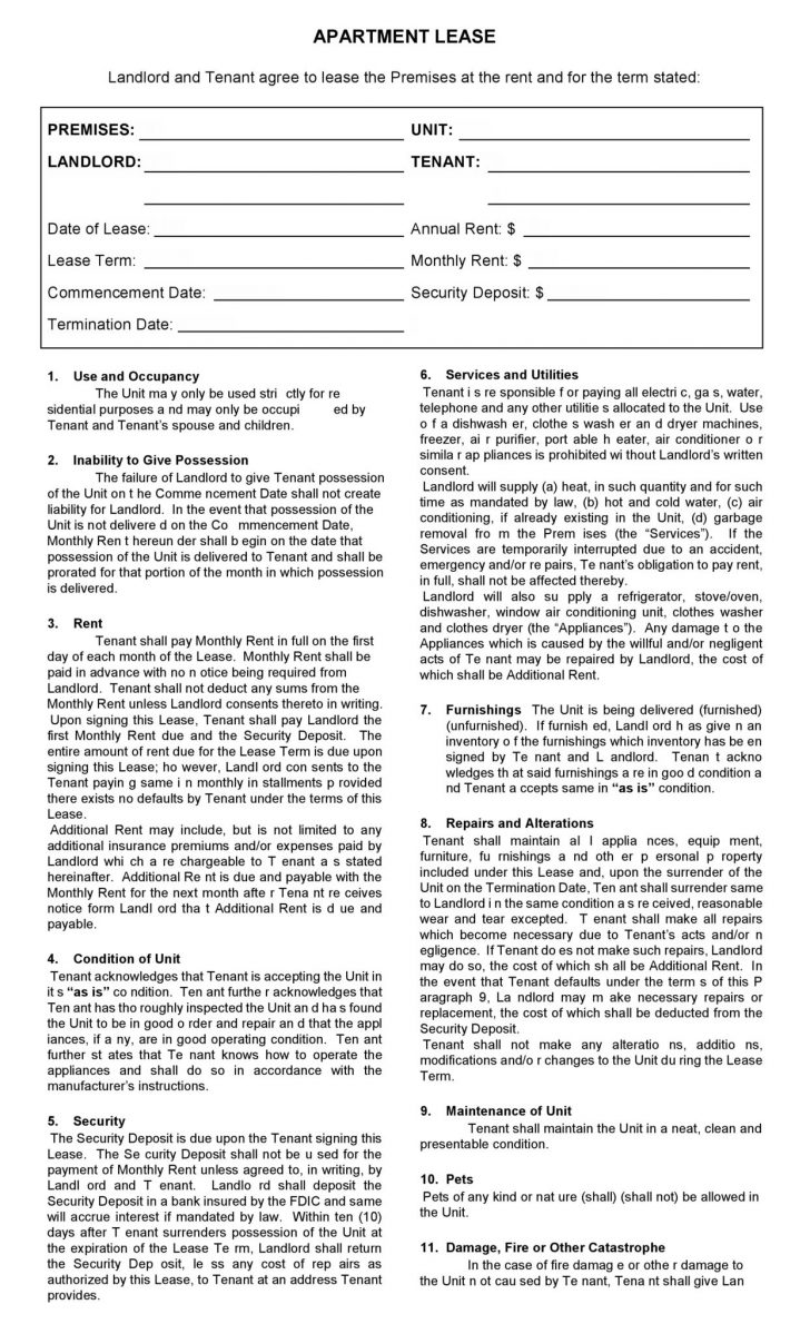 Apartment Lease Agreement Free Printable
