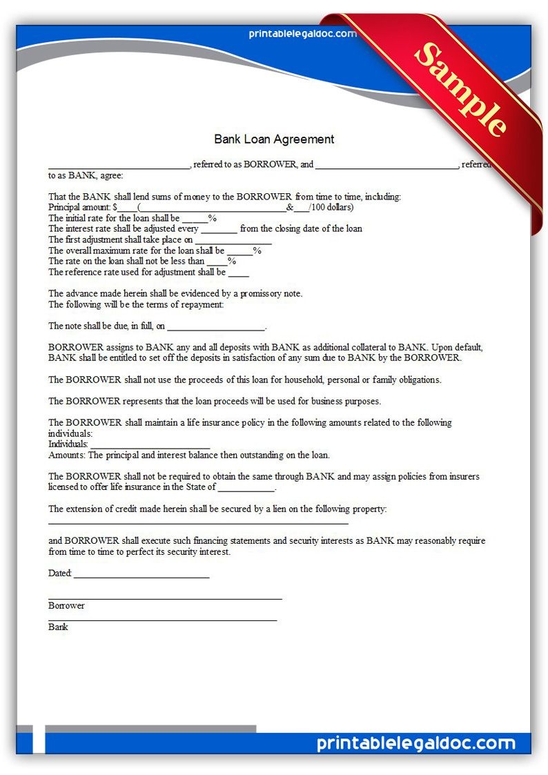 Free Printable Bank Loan Agreement | Sample Printable Legal Forms - Free Printable Legal Documents