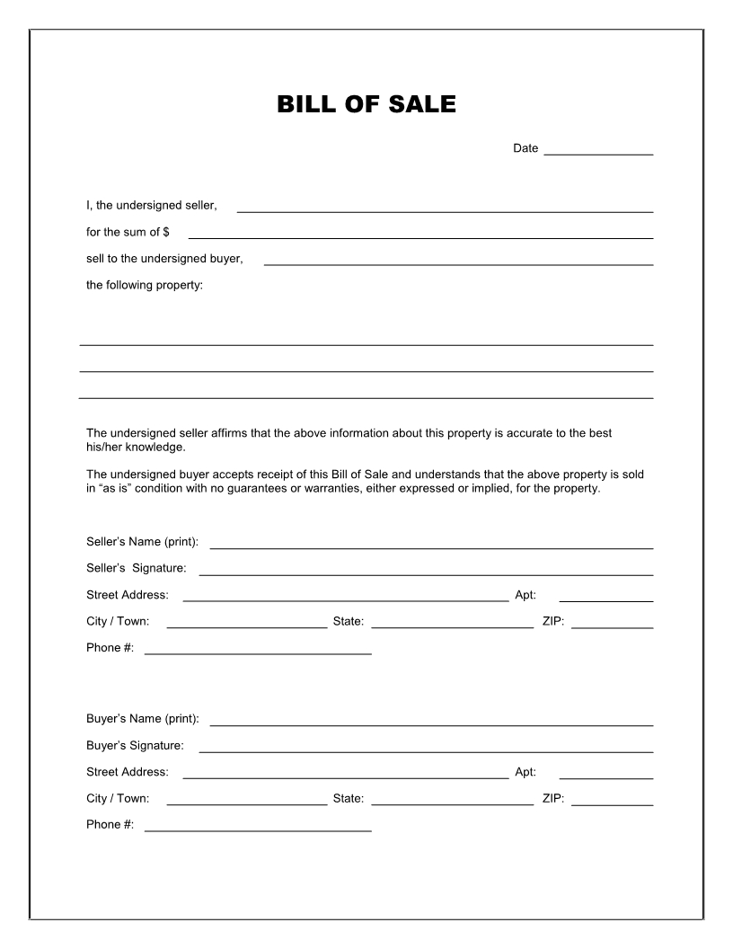 Free Printable Blank Bill Of Sale Form Template - As Is Bill Of Sale - Free Printable Mobile Home Bill Of Sale