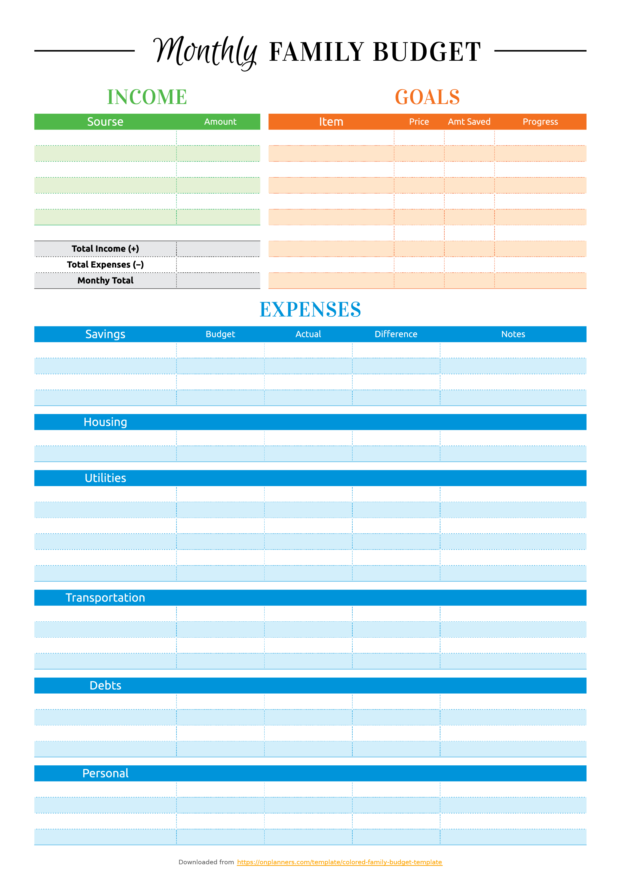 Free Printable Colored Family Budget Template Pdf Download - Free Printable Family Budget