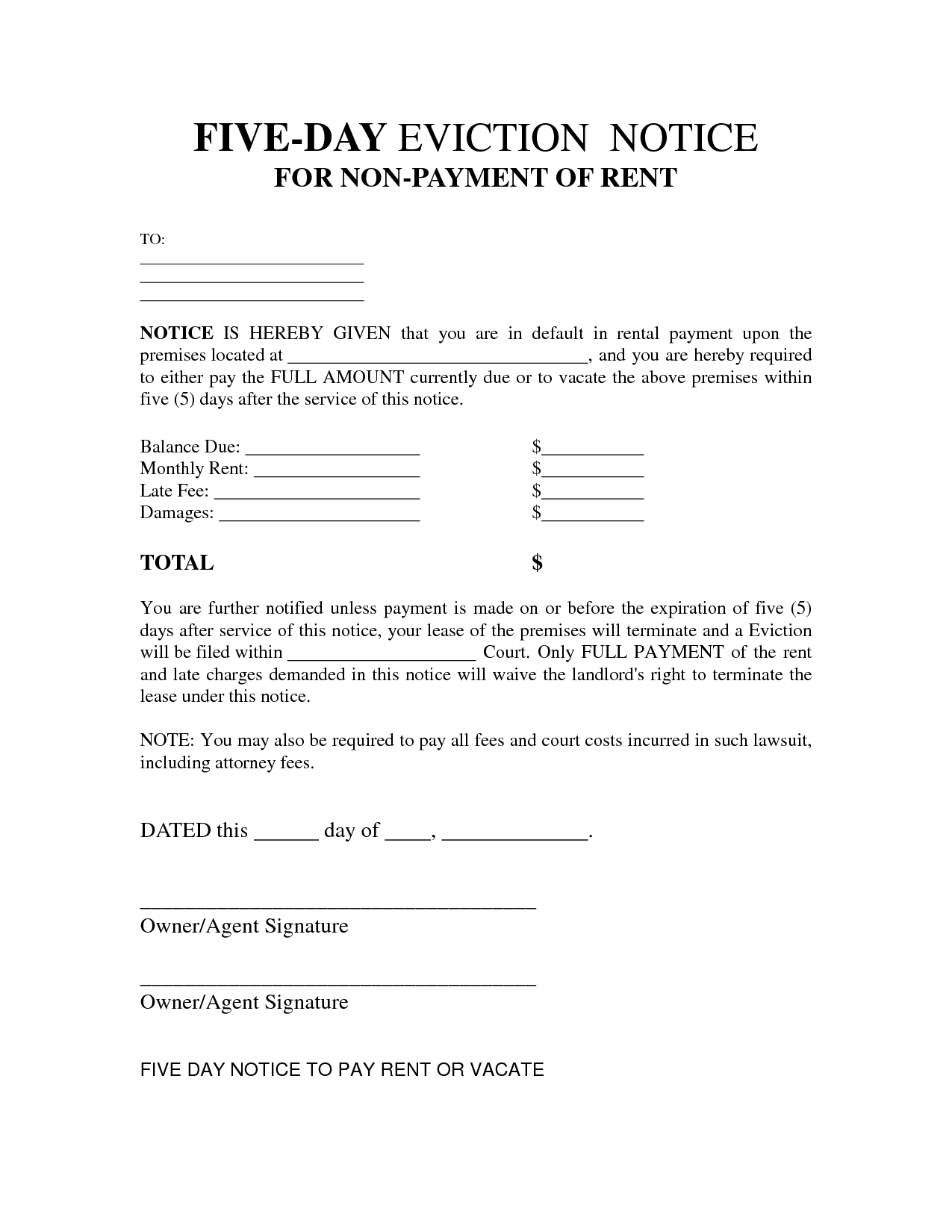 Free Printable Eviction Notice Letter | Bagnas - 5 Day Eviction - Free Printable Eviction Notice