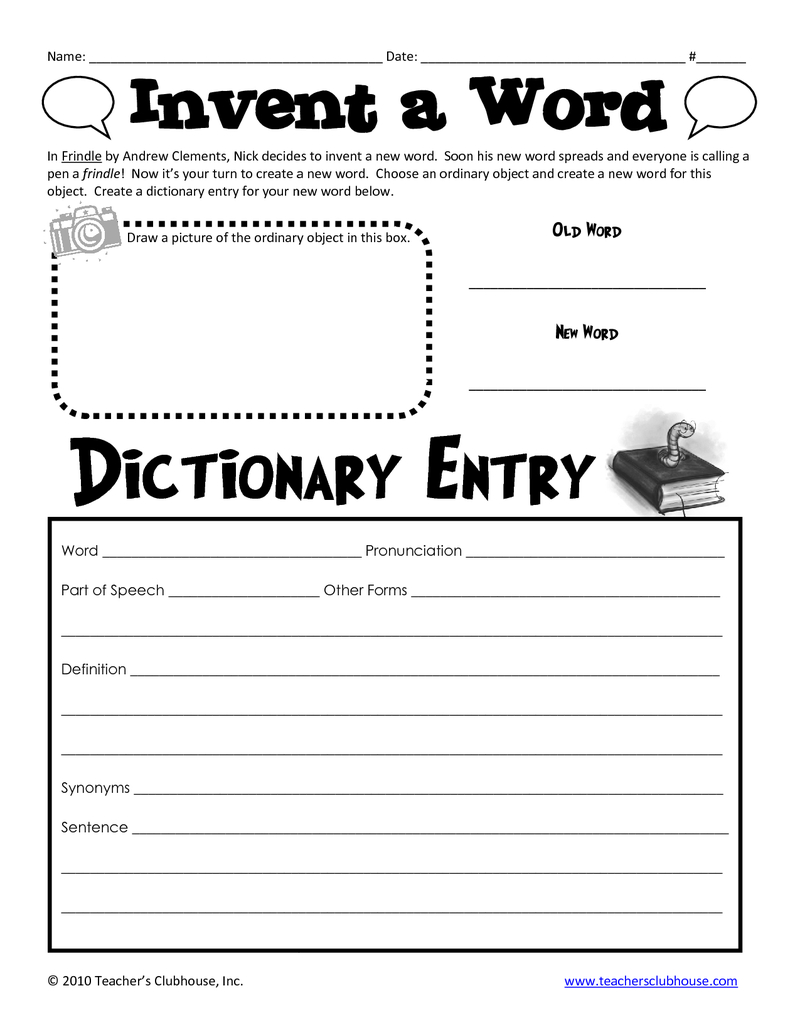 Free Printable - Frindle Invent A Word | Great Books For 4Th Graders - My Spelling Dictionary Printable Free