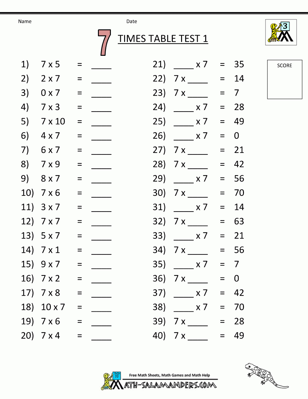 Free Printable Math Sheets 7 Times Table Test 1 | Korrutustabel - Free Printable Maths Worksheets Ks1