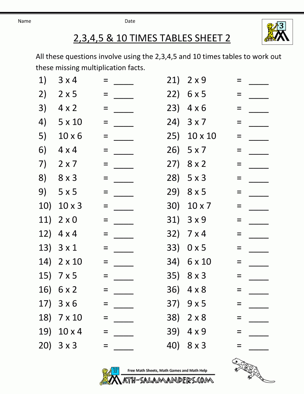 Free Printable Math Sheets Multiplication 2 3 4 5 10 Times Tables 2 - Free Printable Maths Worksheets Ks1
