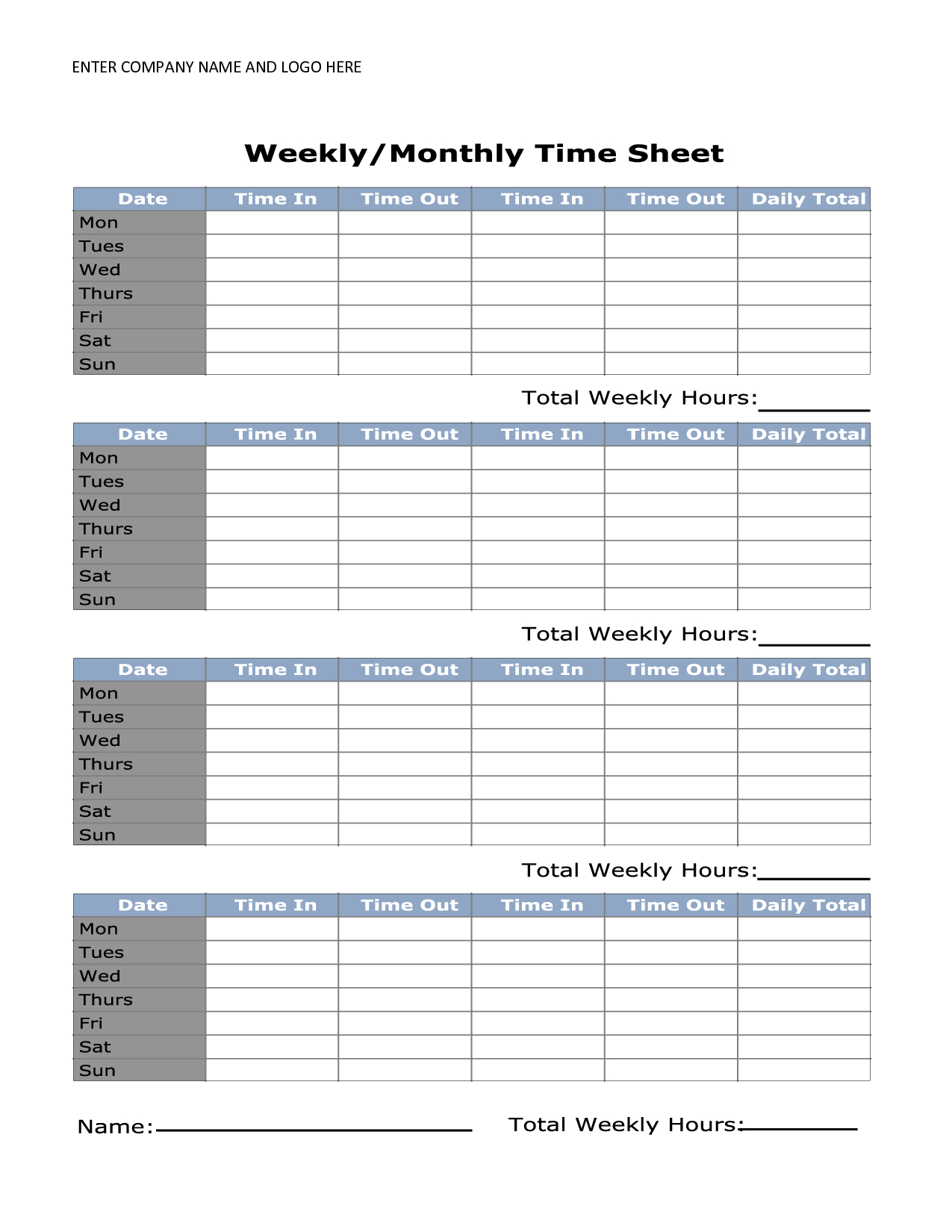 Monthly Timesheet Template Free Printable Free Printable A to Z