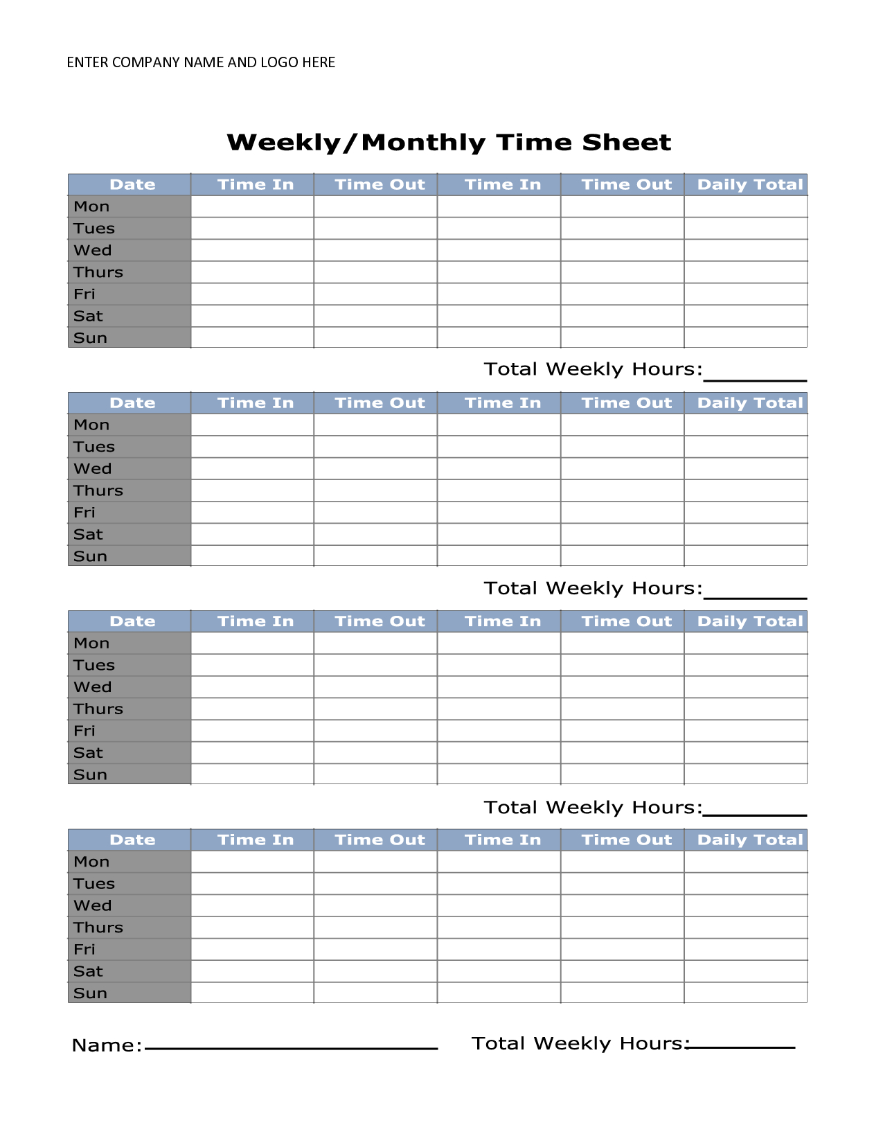 Monthly Timesheet Template Free Printable Free Printable A To Z