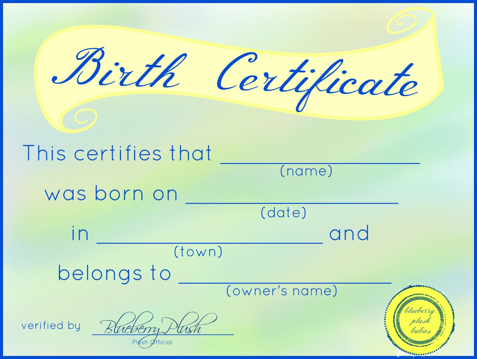 Free Printable Stuffed Animal Birth Certificates – Blueberry Plush - Free Printable Adoption Certificate