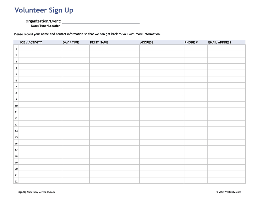 Free Printable Volunteer Sign Up Sheet (Pdf) From Vertex42 | For - Free Printable Sign In Sheet
