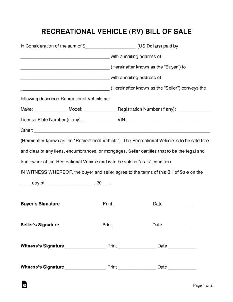 Free Recreational Vehicle (Rv) Bill Of Sale Form - Word | Pdf - Free Printable Bill Of Sale For Trailer
