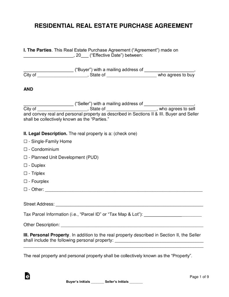 Free Residential Real Estate Purchase Agreements Word Pdf Free