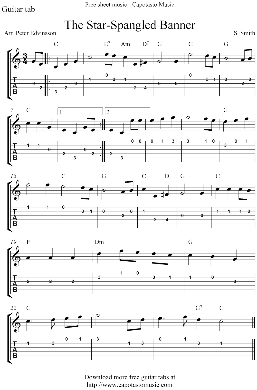 Free Sheet Music Scores: The Star-Spangled Banner, Free Guitar - Free Printable Piano Sheet Music For The Star Spangled Banner