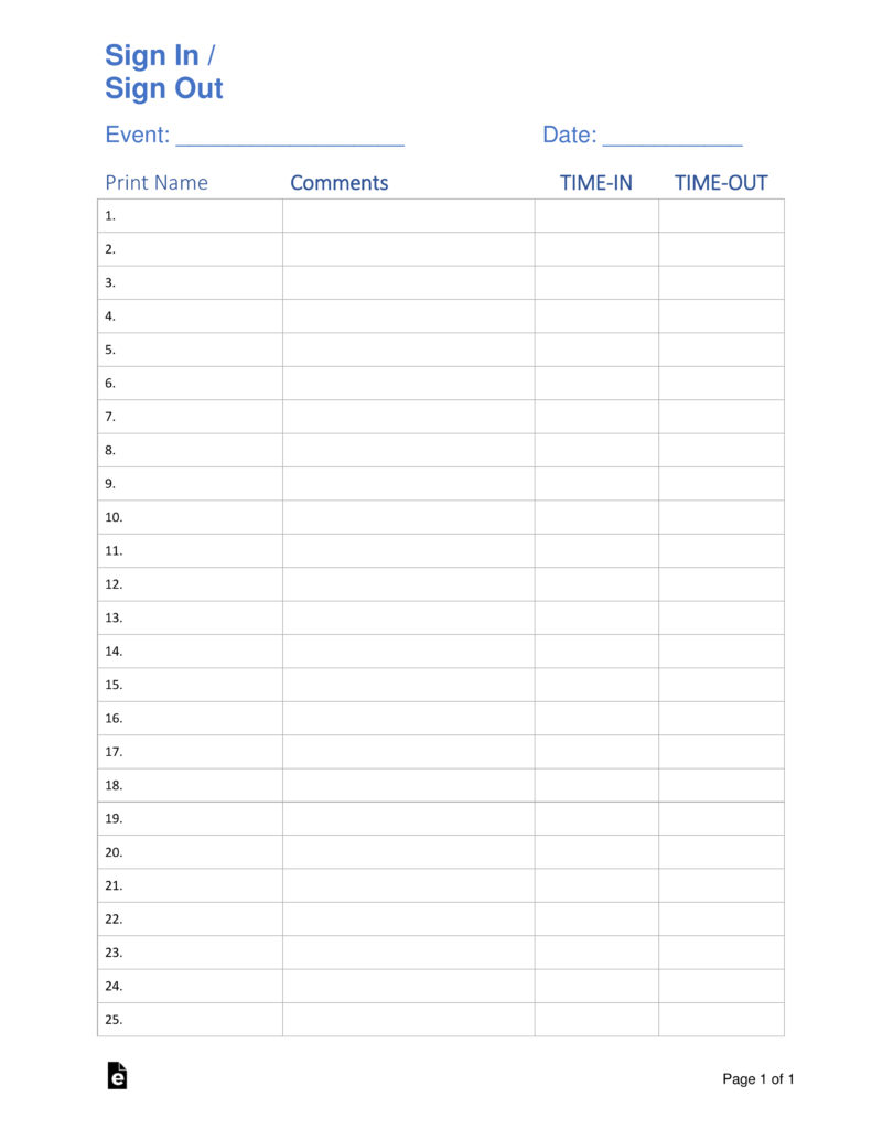 Free Sign In / Sign Up Sheet Templates - Pdf | Word | Eforms – Free - Free Printable Sign In Sheet