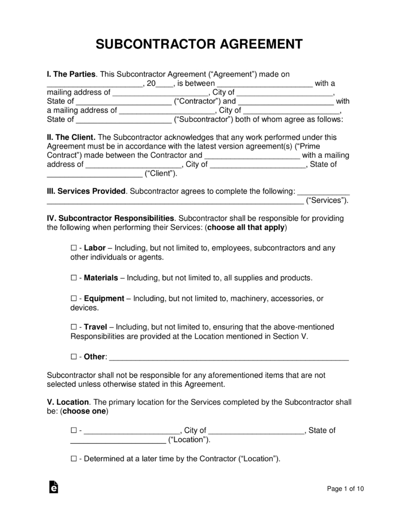 Free Subcontractor Agreement Templates - Pdf | Word | Eforms – Free - Free Printable Subcontractor Agreement