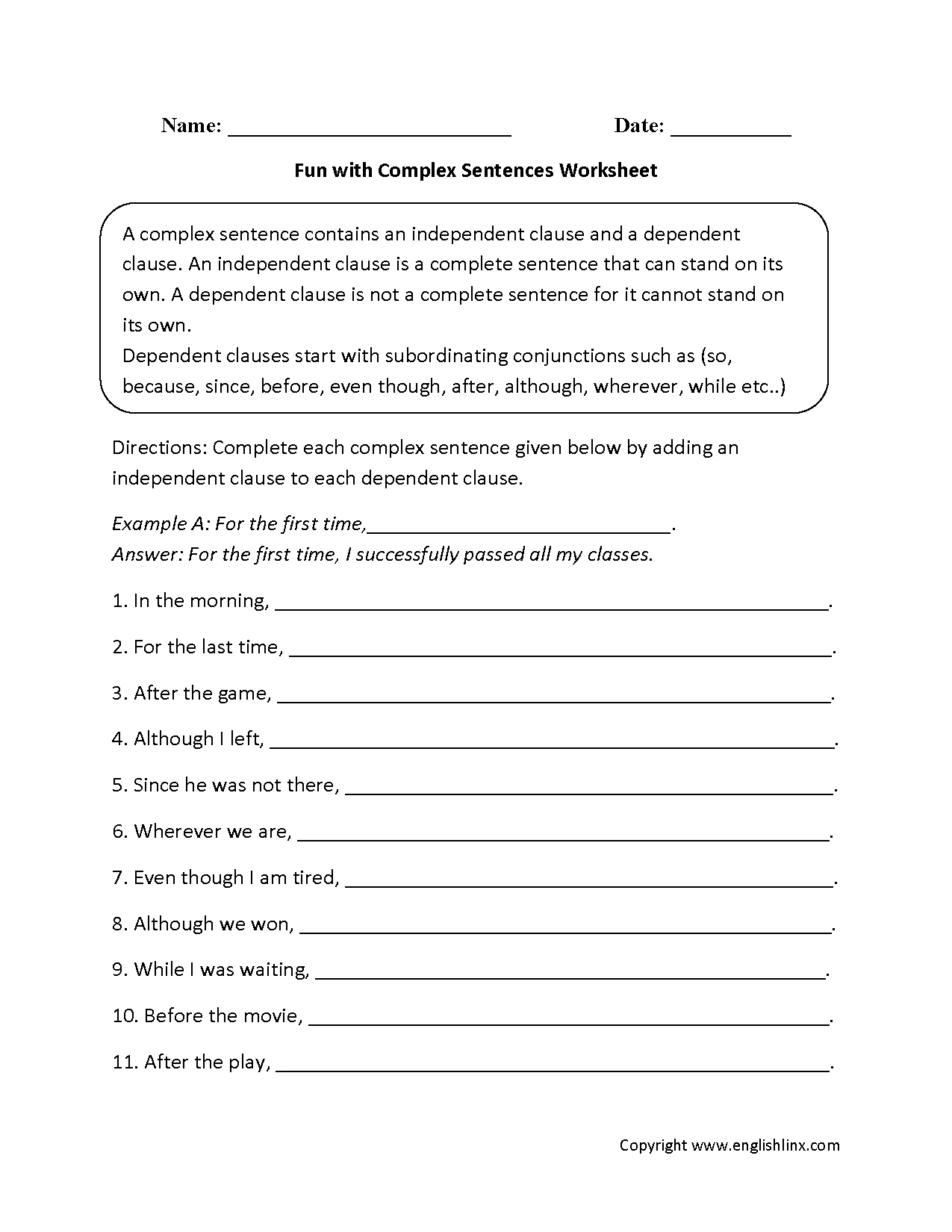 Fun With Complex Sentences Worksheet | Sentence Structure | Common - Free Printable Worksheets On Simple Compound And Complex Sentences