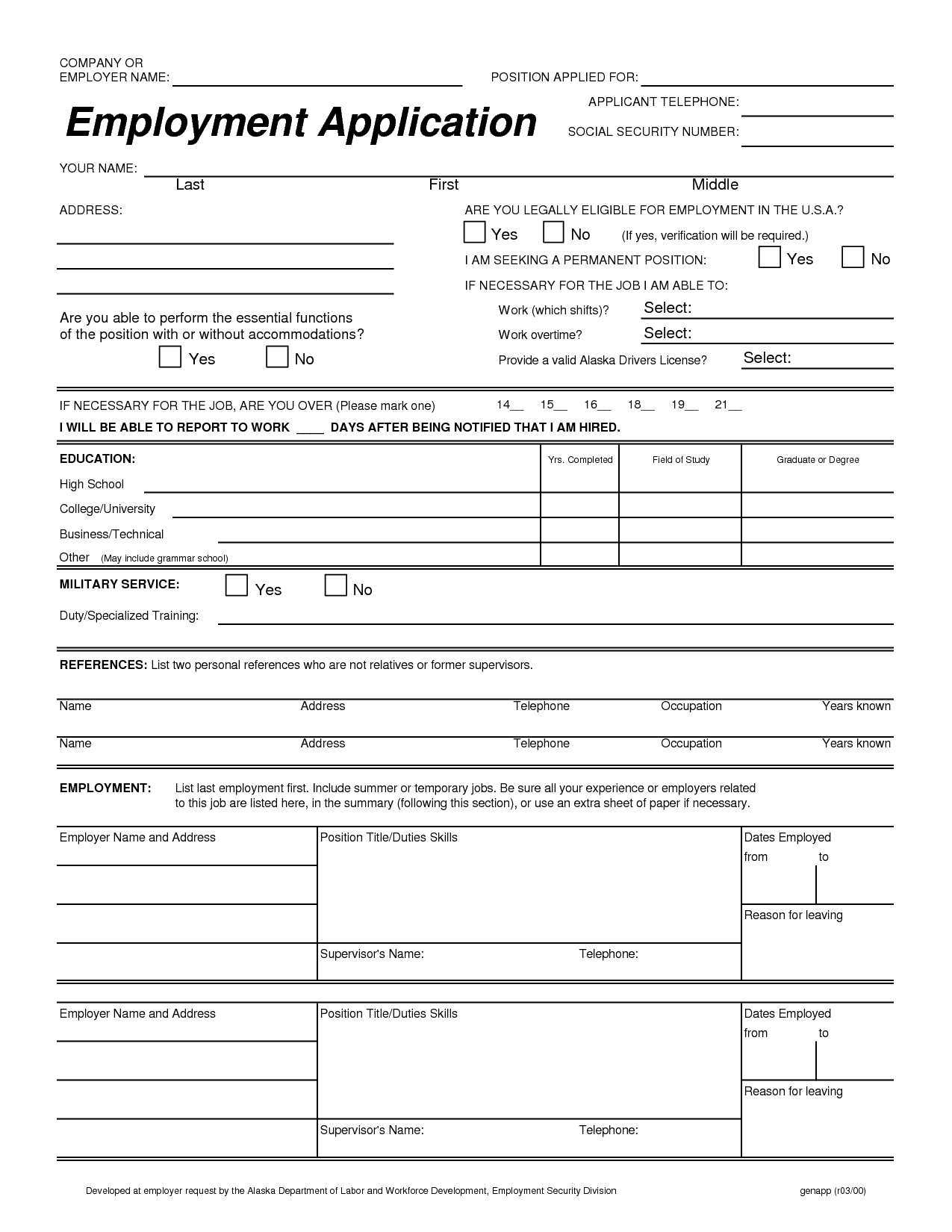 General Employment Application Printable Shop Fresh Free Online 