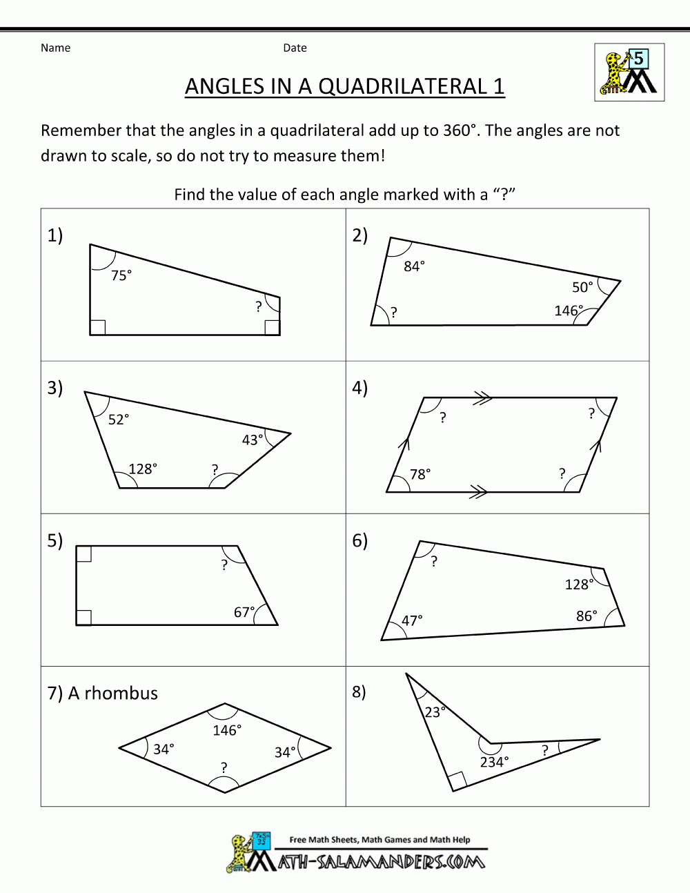 Geometry Worksheets Printable Angles In A Quadrilateral 1 | Geometry - Free Printable Geometry Worksheets For Middle School