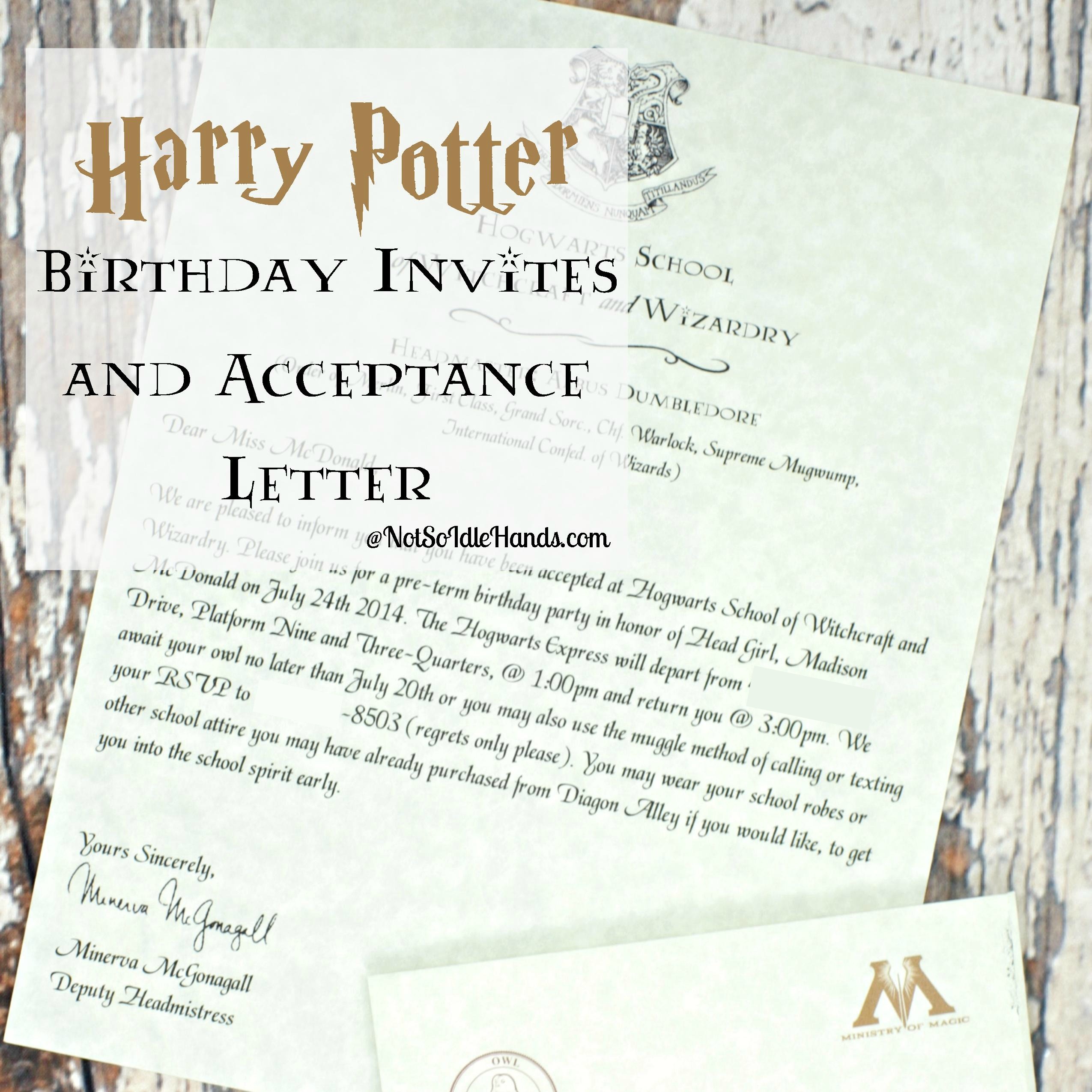 Harry Potter Birthday Invitations And Authentic Acceptance Letter - Harry Potter Birthday Invitations Free Printable