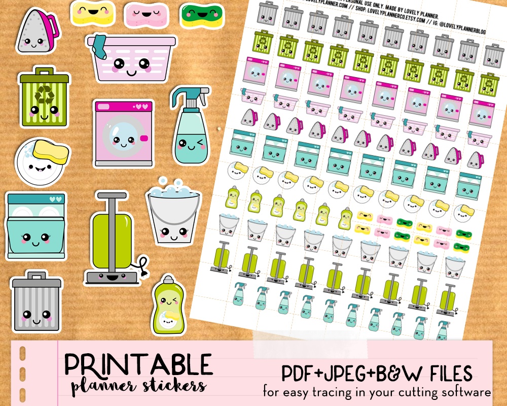 Kawaii Trash Bins Stickers - Free Printable And Cut File - Lovely - Free Printable Kawaii Stickers