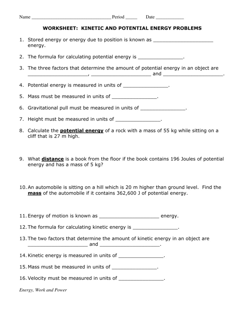 Potential Energy Worksheet Answer Key