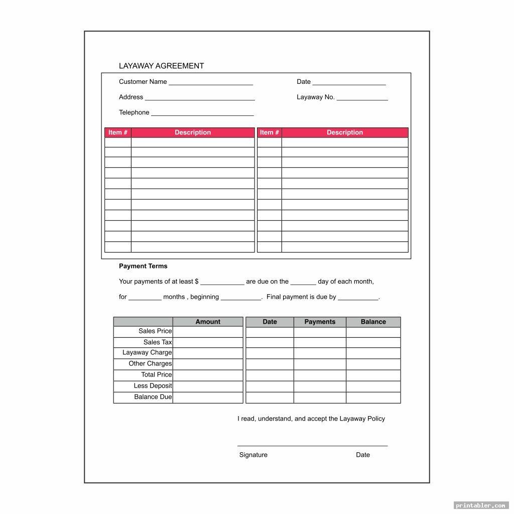 Layaway Agreement Form Printable Printabler Free Printable Layaway