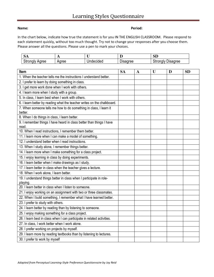 Free Printable Learning Styles Questionnaire