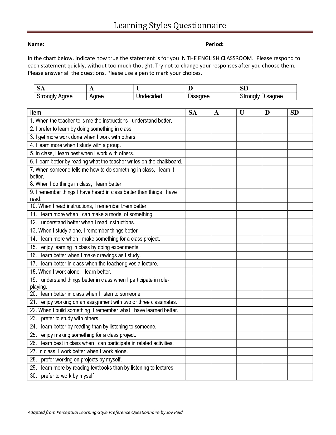 Free Printable Learning Styles Questionnaire Templates Printable Download