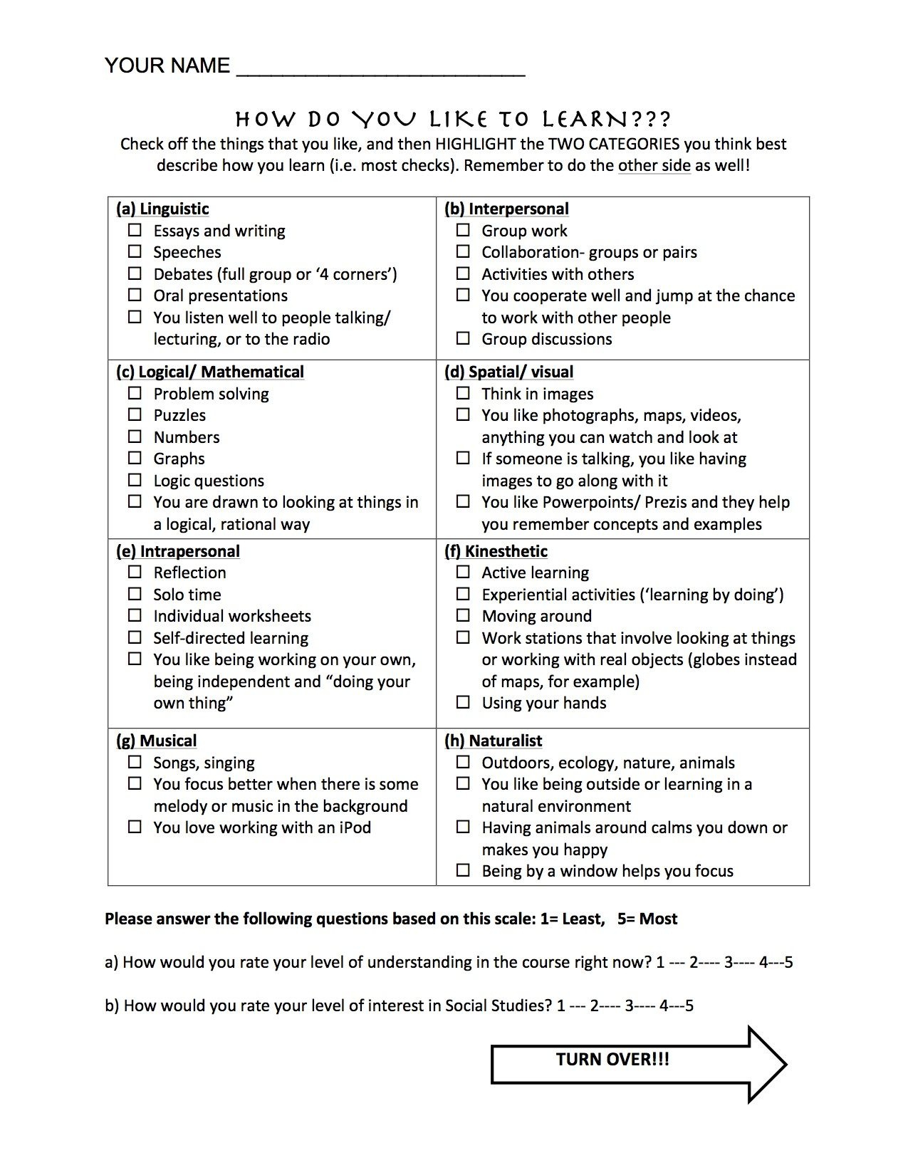 Learning Styles Questionnaire For High School- Beginning Of The Year - Free Learning Style Inventory For Students Printable