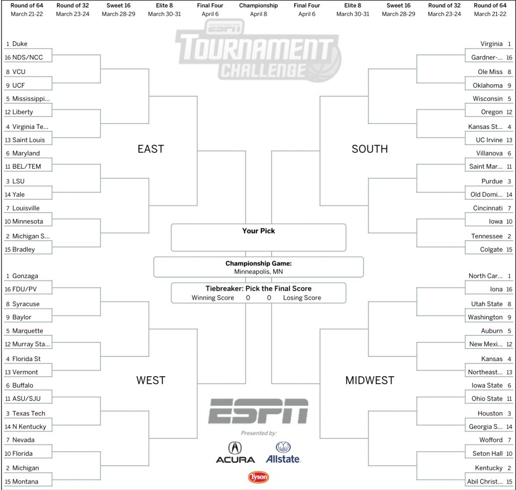 March Madness 2019 Get Your Printable Ncaa Bracket From Espn Free Printable Brackets 1024x973 