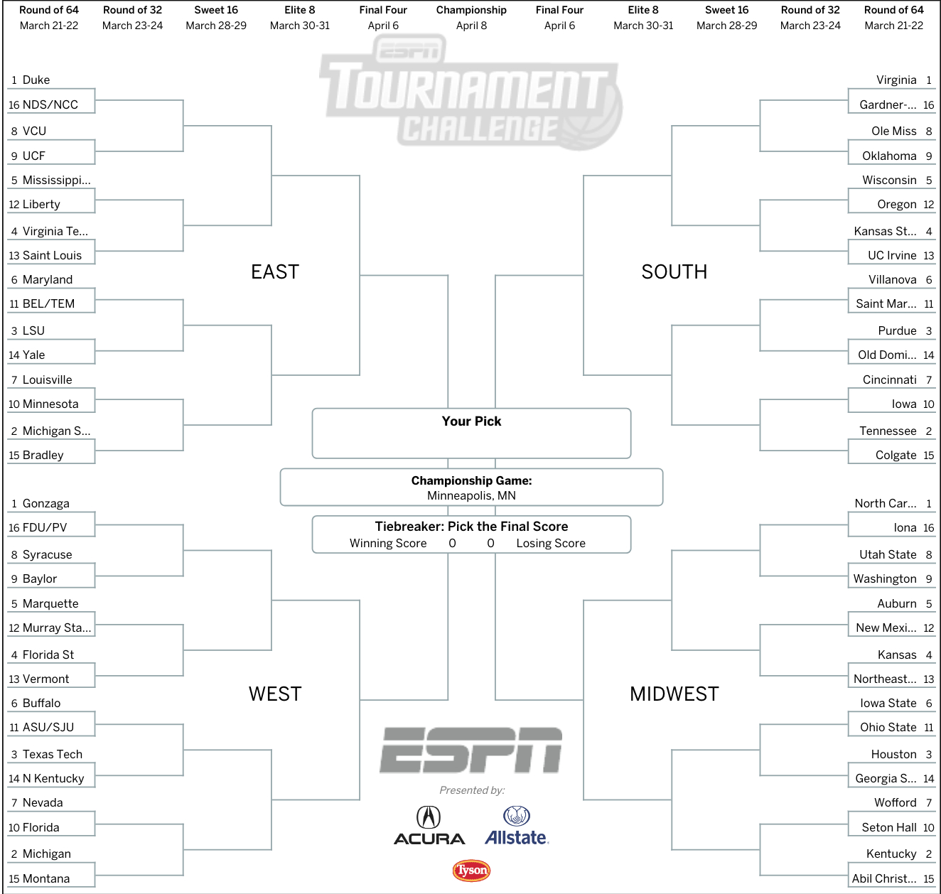 March Madness 2019: Get Your Printable Ncaa Bracket From Espn Free